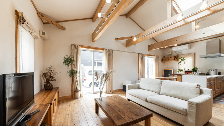 Exposed beam ceiling in living room