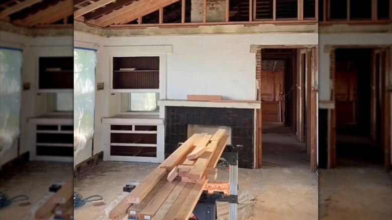 Half-remodeled fireplace in Craftsman home