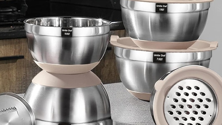 Stainless steel mixing bowls stacked in a kitchen