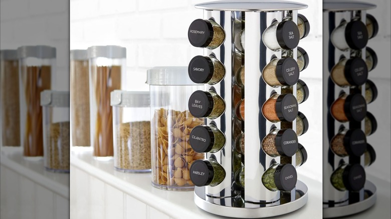Rotating spice rack on a cabinet