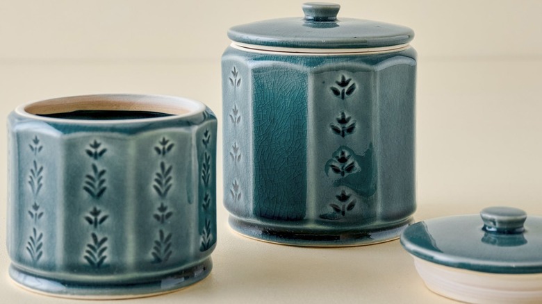 Blue floral ceramic canisters with lids