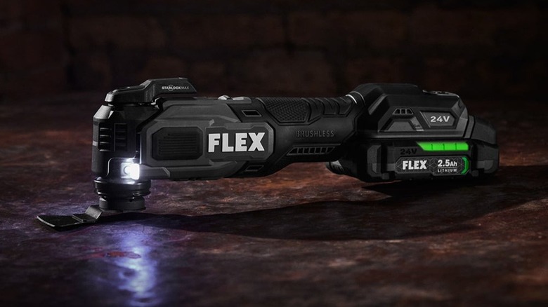 Flex 24V Oscillating Multi-Tool on countertop with LED light on