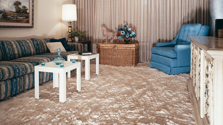 a 1970s living room with a shag carpet