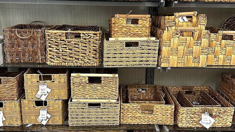 A collection of woven baskets on the shelves of T.J.Maxx