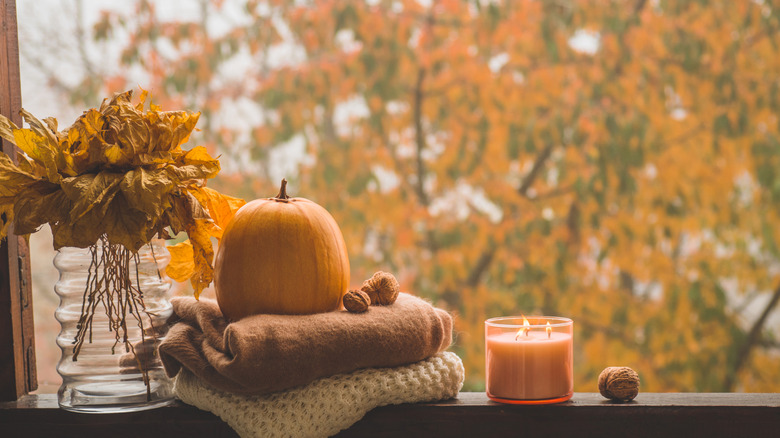 Still life details in home on a wooden window. Autumn decor on a window.