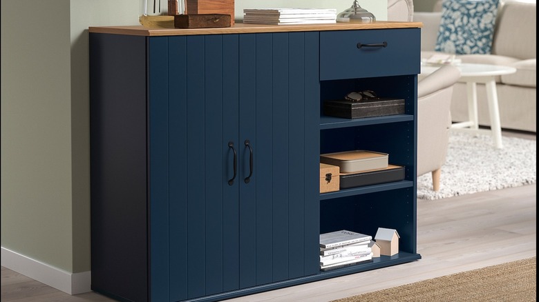 IKEA entryway storage shoe compartment with built in cabinet in navy