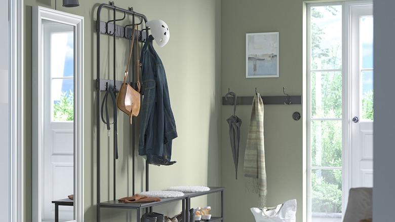 IKEA metal coat rack and bench for easy entryway storage