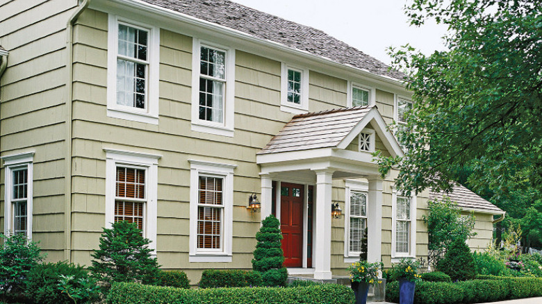 colonial house with red door
