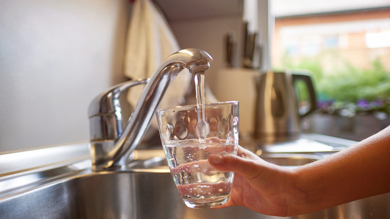 Close up of person holding glass over sink
