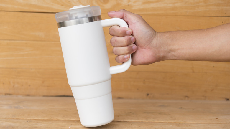 Close up of large white tumbler