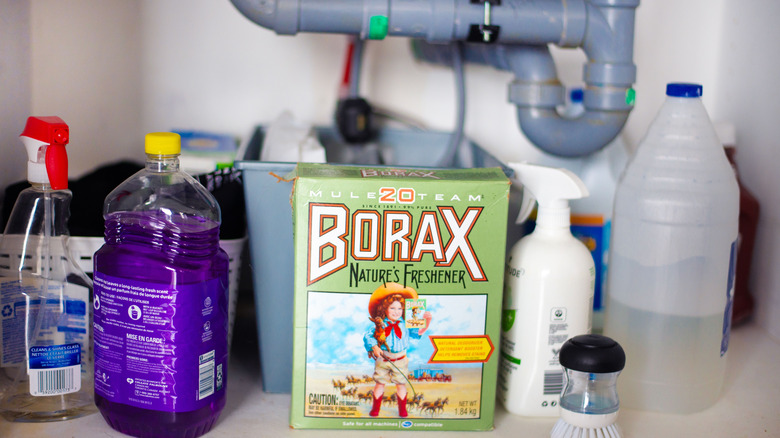 Box of Borax under a sink with other cleaners