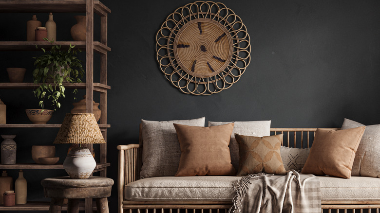 Living room with dark gray limewash walls