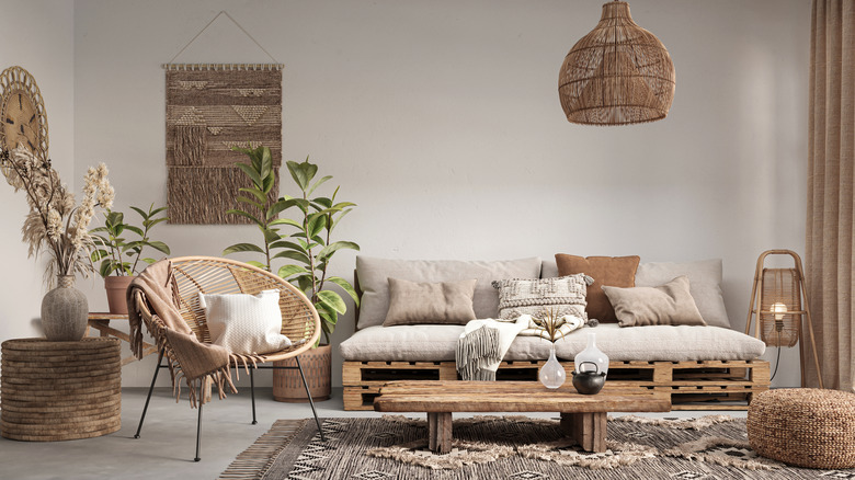 Living room with white limewash walls