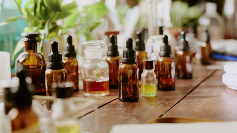 Close up of essential oil bottles