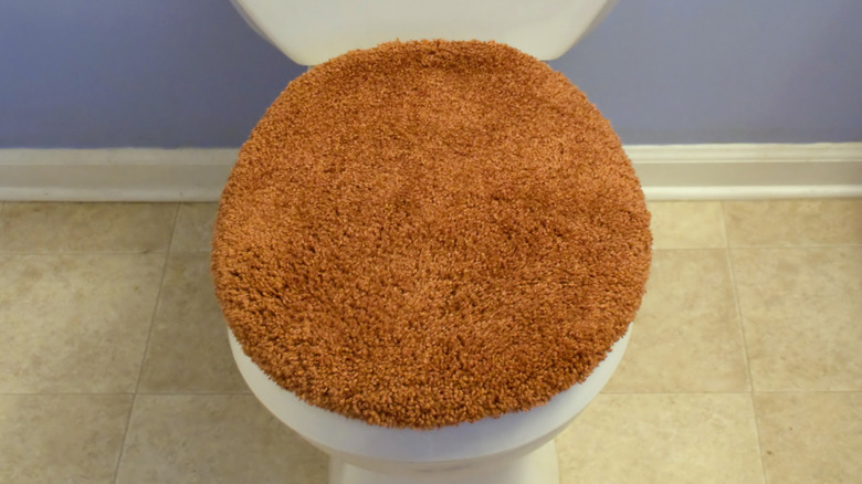 Brown fuzzy toilet seat cover