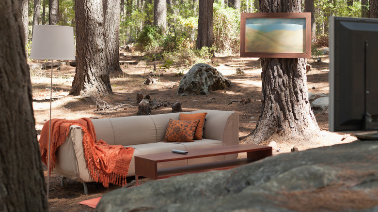 Living room furniture outside in some woods