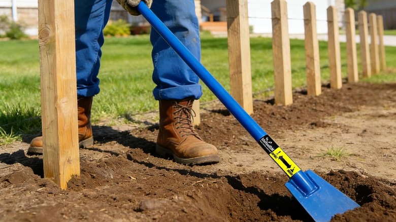 A person wearing blue jeans and brown leather work boots uses a blue digging bar to dig a hole in a lawn.