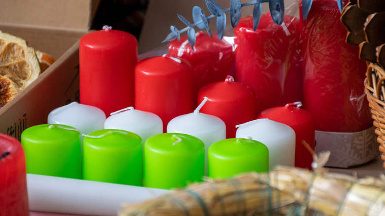 Bright green, white, and red candles.