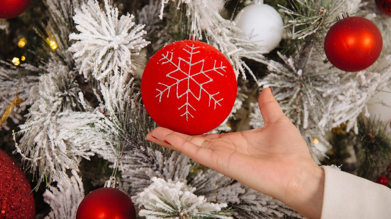 A hand holding a red ornament against a white tree.