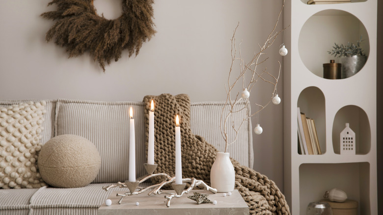 All beige Christmas living room décor.