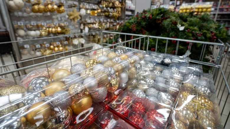 Boxes of plastic Christmas baubles.