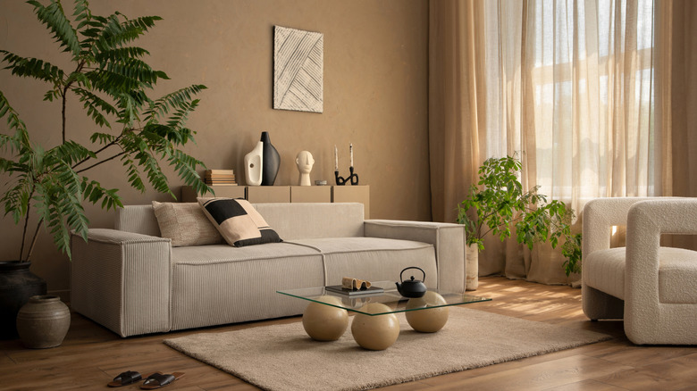 Living room decorated with warm hues and plants