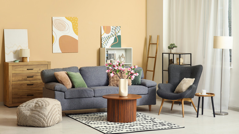 An eggshell yellow wall in a living room