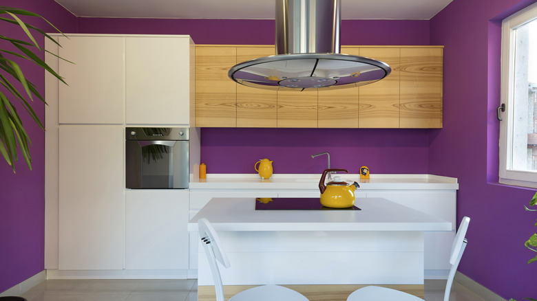 purple walls in modern kitchen