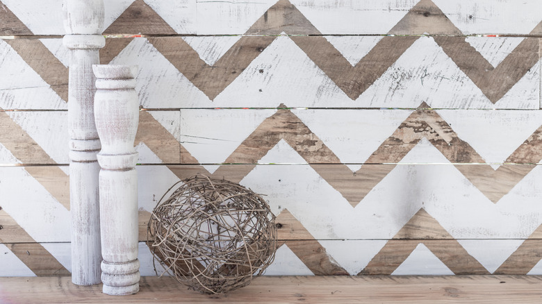 Chevron accent wall behind a table