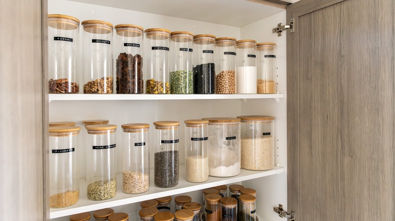 glass jars in organized pantry