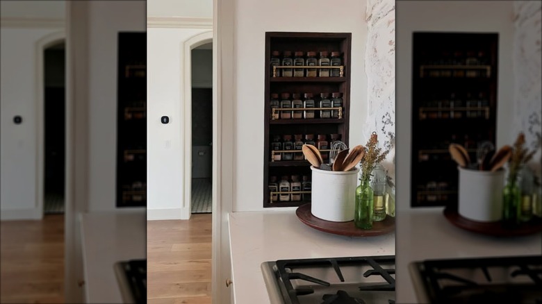 A recessed spice rack with gallery rail