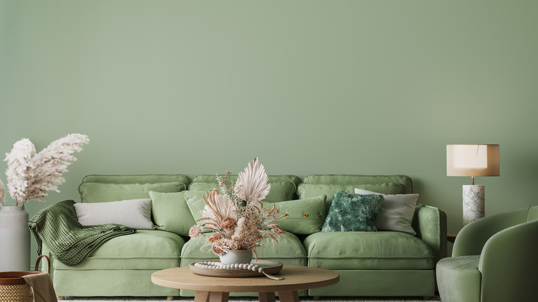 Sage green room and couch