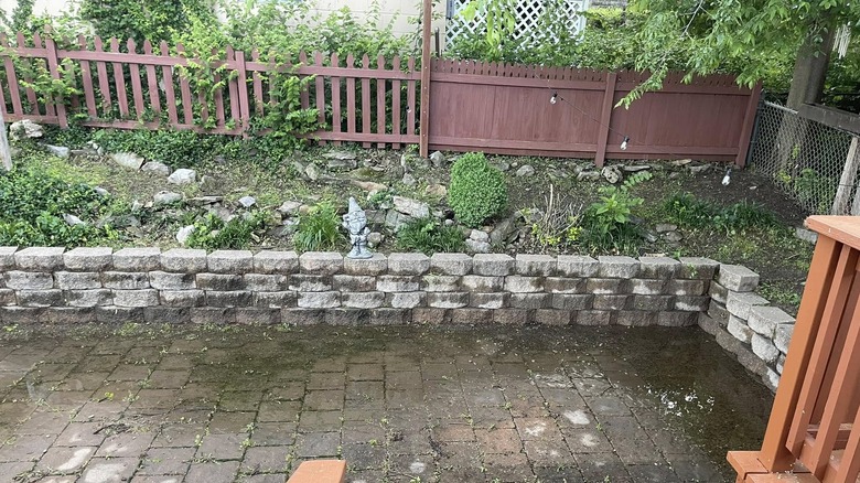 Water accumulating in courtyard, at base of stone wall