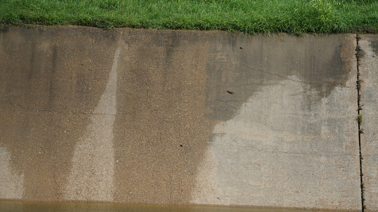 water seeping through a cement retaining wall