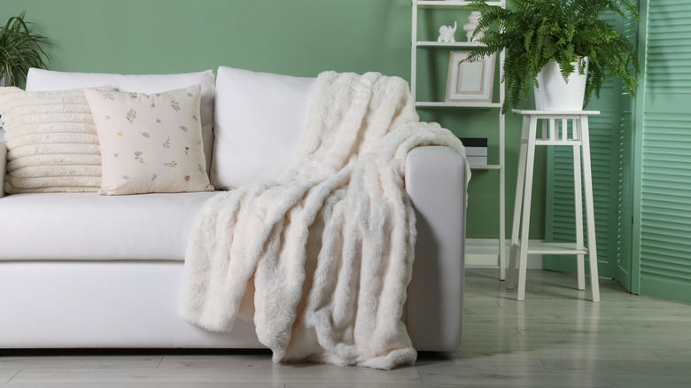 A blanket covers the arm and part of a seat of a sofa in a room with green walls