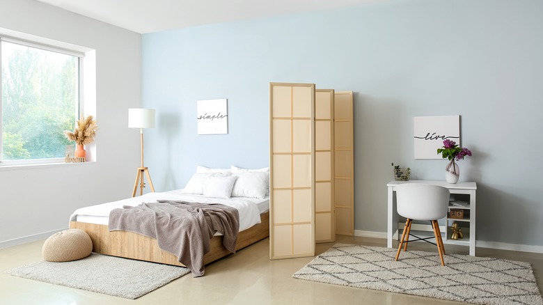 pastel blue bedroom and office