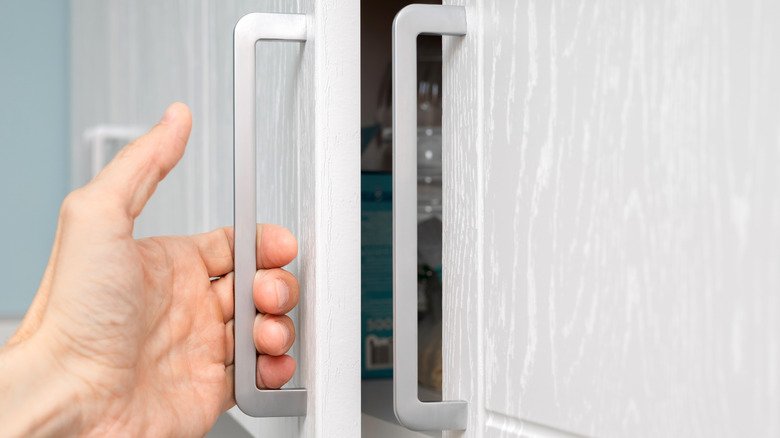Modern, silver cabinet handle in kitchen being opened