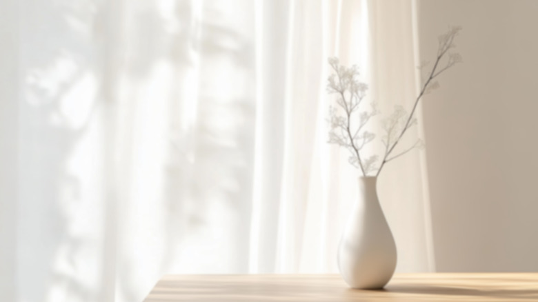 A white vase with delicate branches on a table in front of sheer curtains.