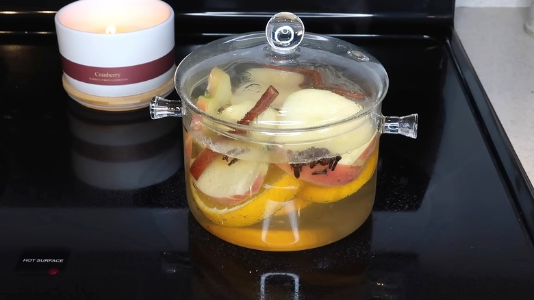 A pot simmers above cooktop filled with water, orange and apple slices, cinnamon sticks and other seasonig.