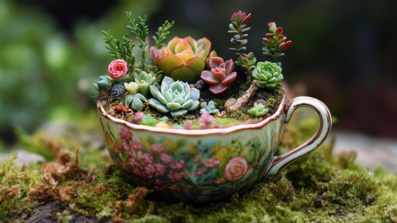 terrarium in a teacup on a moss bed