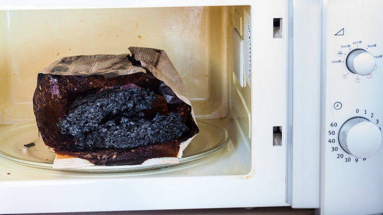 A burned brown bag in the microwave.