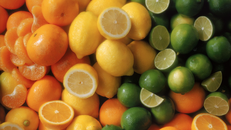 Closeup of lots of oranges, lemons, and limes