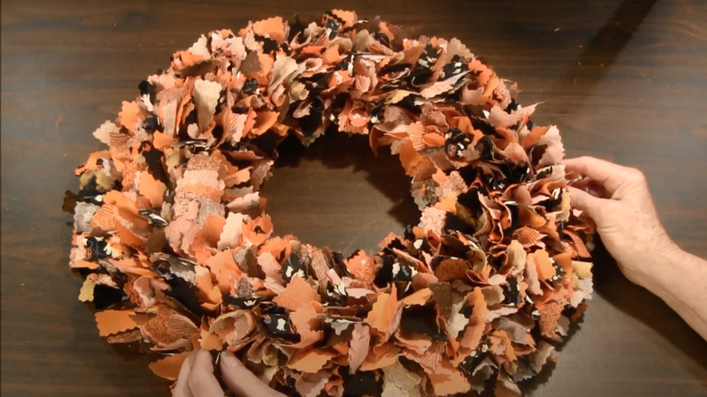 Fall wreath made from fabric scraps
