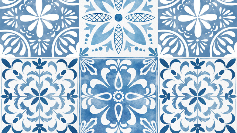 Blue and white handpainted tile