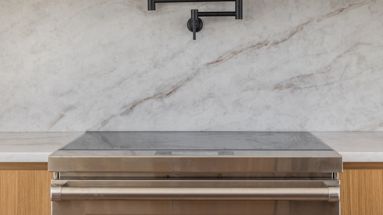 A large stone kitchen backsplash