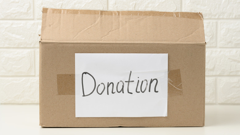 Cardboard box with donation label
