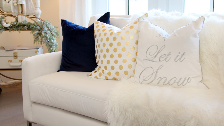 Cushions and white throw on couch