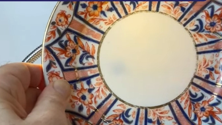 Hand holding a decorated porcelain plate to a light