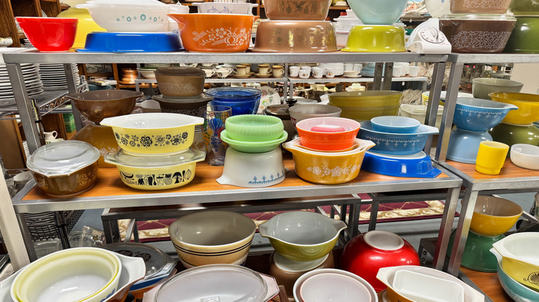 Collection of vintage Pyrex dishes on display