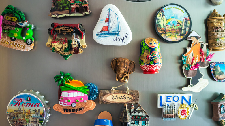 Different types of magnets on a fridge